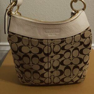 COACH Signature Beige Jacquard White Leather Crossbody Shoulder Bag 10402M